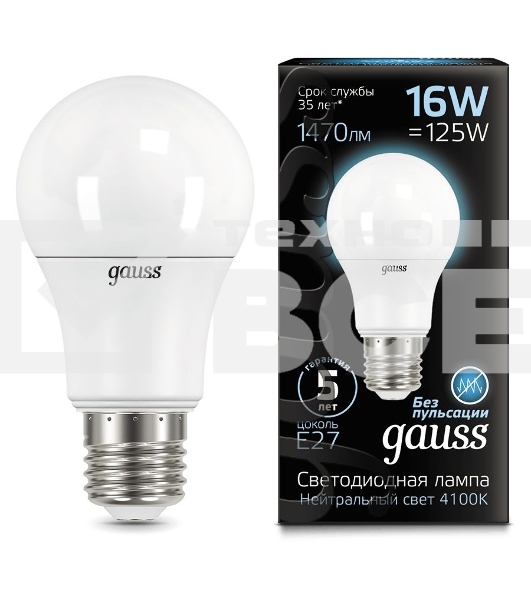 Лампа светодиодная Gauss A60 16Вт цок.:E27 груша 220B 4100K св.свеч.бел.нейт. (упак.:10шт) (102502216)