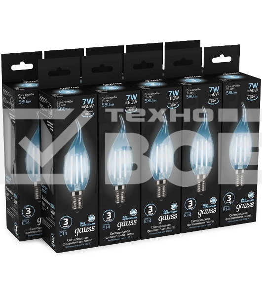 Светодиодная лампа GAUSS 104801207 LED Filament Свеча на ветру E14 7W 580lm 4100К 1/10/50