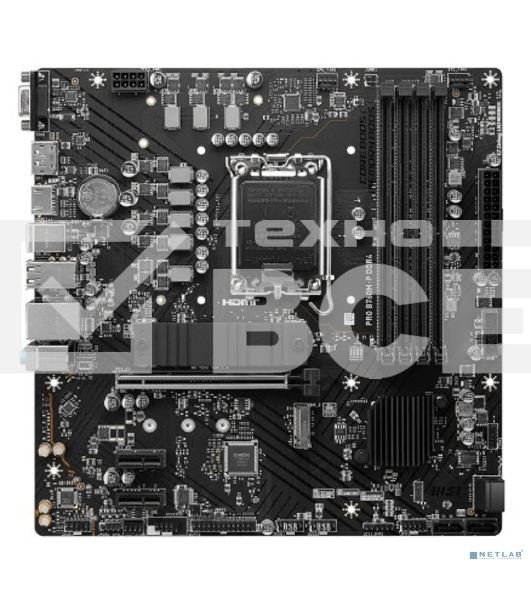 Материнская плата MSI PRO B760M-P DDR4, LGA 1700, Intel B760, 4xDDR4, 4xSATA, 2xM.2, 1xPCIe 4.0 x16, 2xPCIe 3.0 x1, 1xHDMI, 1xDP, 1xVGA, 1x1Gb LAN, 4xUSB-A 2.0, 1xUSB-A 3.2 Gen 1, 1xUSB-C 3.2 Gen 2, 3x3.5 мм, 7.1, mATX