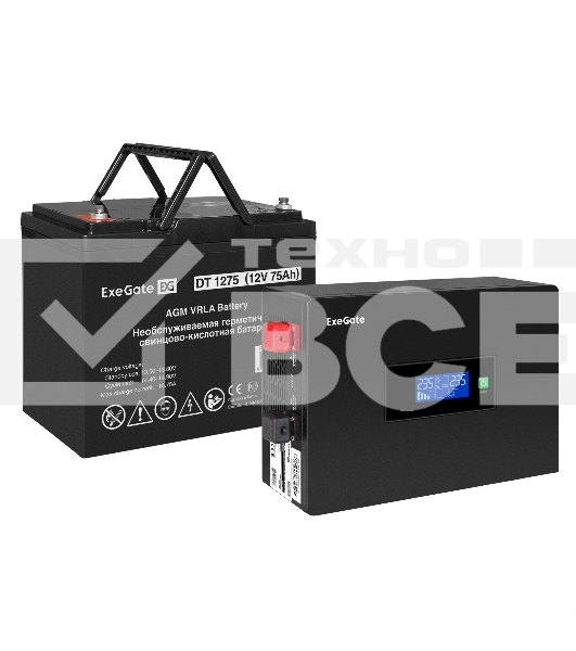 Комплект Источник бесперебойного питания EX295993RUS + батарея 75Aч EX282983RUS 1шт (инвертор, синус, для котла, PF=1, настенный) ExeGate IdealSine SR-1000.LCD.2SH  <1000VA/1000W, чистая синусоида, цветной LCD-дисплей, 2*Schuko, крепление настенное, Black