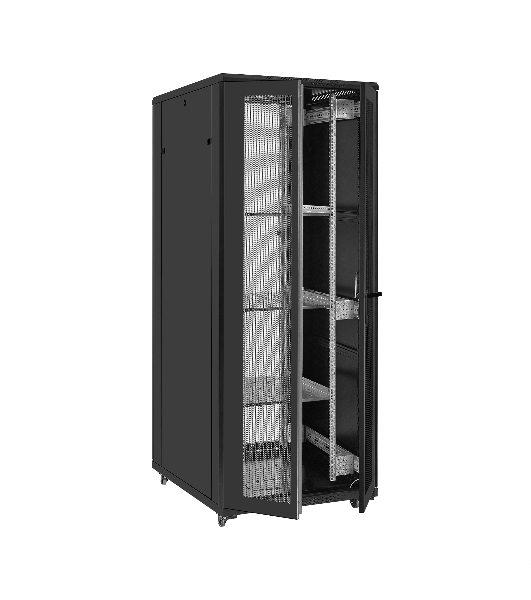 Шкаф телекоммуникационный 19' напольный 42U ExeGate EC-FS-42U.800.1000.G.V.BLACK (19”, 42U, 800x1000x2054mm (ШхГхВ), передняя дверь закаленное стекло, задняя двойная перфорированная дверь, съемные боковые панели, пыле- и влагозащита IP20, встроенный вентиляционный модуль, 1 полка в комплекте, черный RAL 9004, 3 коробки)