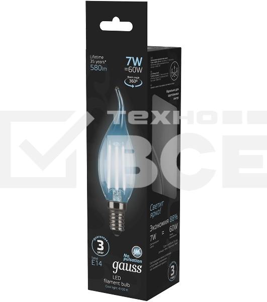 Светодиодная лампа GAUSS 104801207 LED Filament Свеча на ветру E14 7W 580lm 4100К 1/10/50