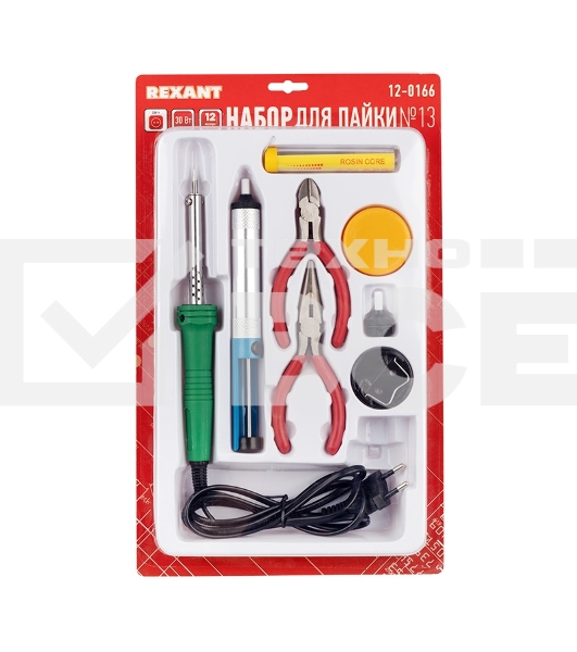 Набор для пайки Rexant №13 (паяльник 30Вт, подставка, канифоль, припой, бокорезы, тонкогубцы)