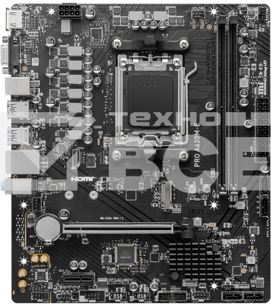 Материнская плата MSI PRO A620M-E, AM5, AMD A620, 2xDDR5, 4xSATA, 1xM.2, 1xPCI-E 4.0 x16, 1xPCI-E 4.0 x1, 1xHDMI, 1xVGA, 1x1Gb LAN, 2xUSB 2.0, 4xUSB 3.2 Gen 1, 3x3.5 мм, 7.1, Micro-ATX