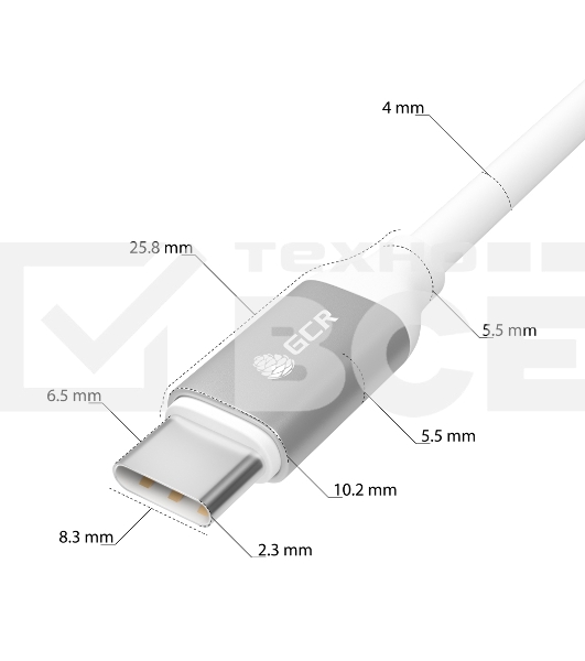 Кабель GCR 1.0m TypeC/TypeC POWER DELIVERY, быстрая зарядка, белый, AL корпус серебро, белый ПВХ, 28/22 AWG, GCR-52362