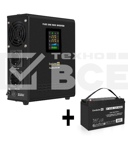 Комплект ИБП EX295995RUS + батарея 100Aч EX282985RUS 1шт (инвертор, синус, для котла, настенный) ExeGate FineSine SX-500.LCD.AVR.2SH <500VA/300W, чистая синусоида, цветной LCD-дисплей, AVR, 2*Schuko, линейно-интерактивный, крепление настенное/универсально