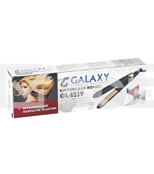 Щипцы для волос Galaxy Line GL 4519, черный, 40 Вт, максимальная температура 180°С, керамическое покрытие поверхностей, индикатор работы, ножка-подставка для обеспечения защиты от нагрева поверхности стола, шнур питания, вращающийся на 360°, подвесная пет