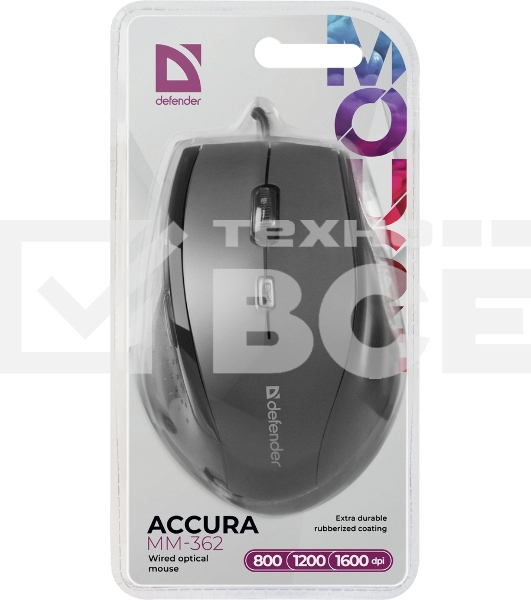 Мышь проводная Defender Accura MM-362 черный, 1600 dpi, USB, кнопки - 6