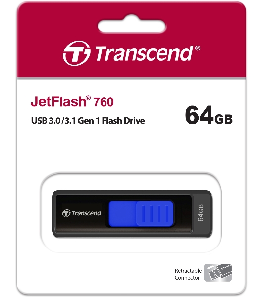 Флешка USB Transcend JetFlash 760 (TS64GJF760), 64Gb, USB 3.0, R/W 130/40, черный/синий