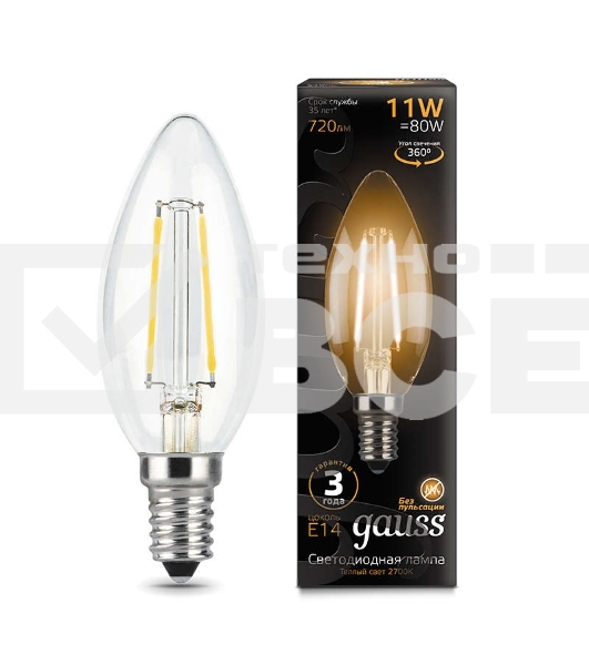 Лампа светодиодная Gauss LED Filament Свеча E14 11W 720lm 2700К 1/10/50