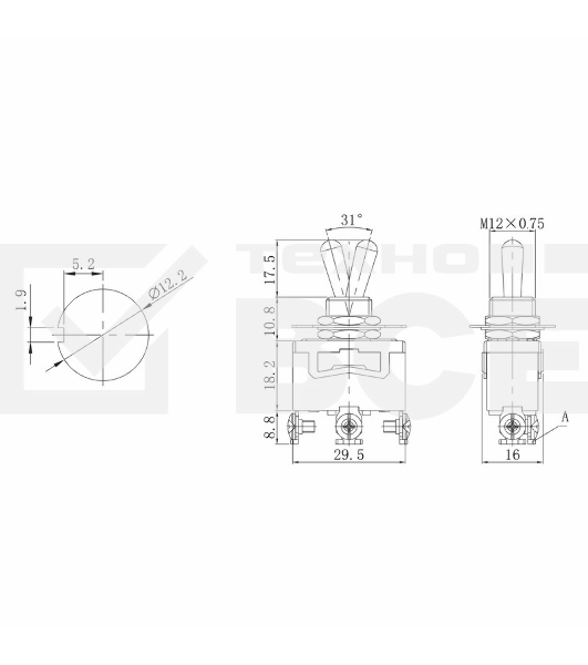 Тумблер 250V 15А (3c) ON-OFF-ON однополюсный  (KN-103)  Rexant Индивидуальная упаковка 1 шт