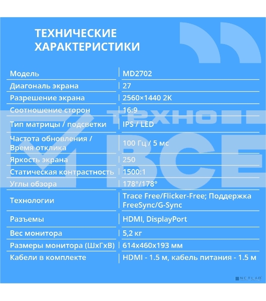 Монитор 27' CBR MD-2702 IPS 2560x1440, 100 Гц, 5 мс, 16:9, 250 кд/м², HDMI, DP, HDR10, FreeSync, динамики (2x3 Вт), черный