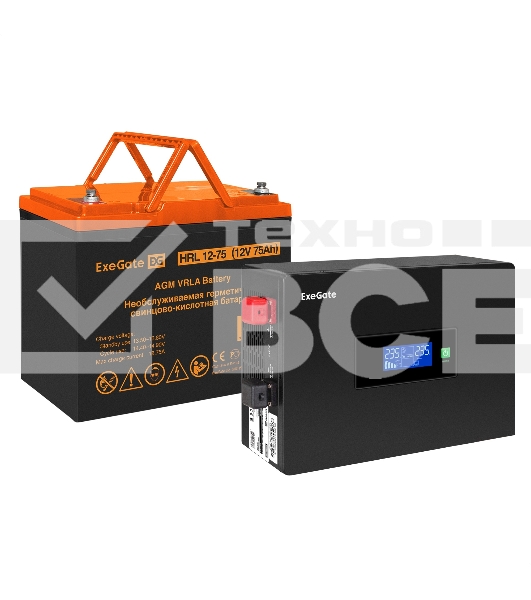 Комплект ИБП EX295993RUS + батарея 75Aч EX285653RUS 1шт (инвертор, синус, для котла, PF=1, настенный) ExeGate IdealSine SR-1000.LCD.2SH  <1000VA/1000W, чистая синусоида, цветной LCD-дисплей, 2*Schuko, крепление настенное, Black> + батарея ExeGate HRL 12-7