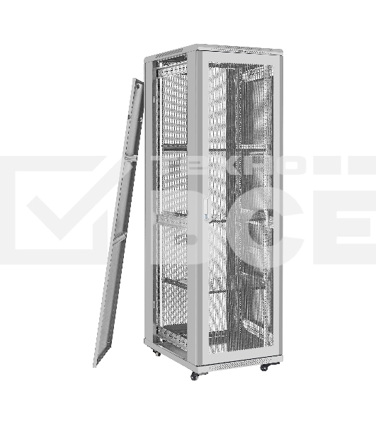 Шкаф телекоммуникационный 19' напольный 42U ExeGate EC-FS-42U.600.800.V.V.GREY (19”, 42U, 600x800x2054mm (ШхГхВ), передняя и задняя двери перфорированные, съемные боковые панели, пыле- и влагозащита IP20, встроенный вентиляционный модуль, 1 полка в комплекте, светло-серый RAL 7035, 3 коробки)