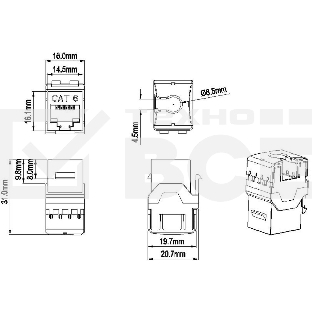 Модуль универсальный Hyperline KJ9, keystone, 1хRJ45, 90°, кат. 6, неэкр., 1 шт, цвет: чёрный