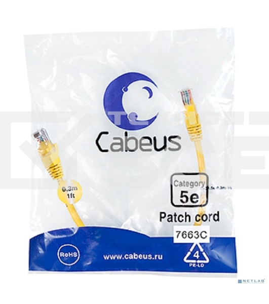 Патч-корд Cabeus, Cat.5e, неэкр., U/UTP, RJ45/RJ45, PVC, AWG24, 0.3м, желтый