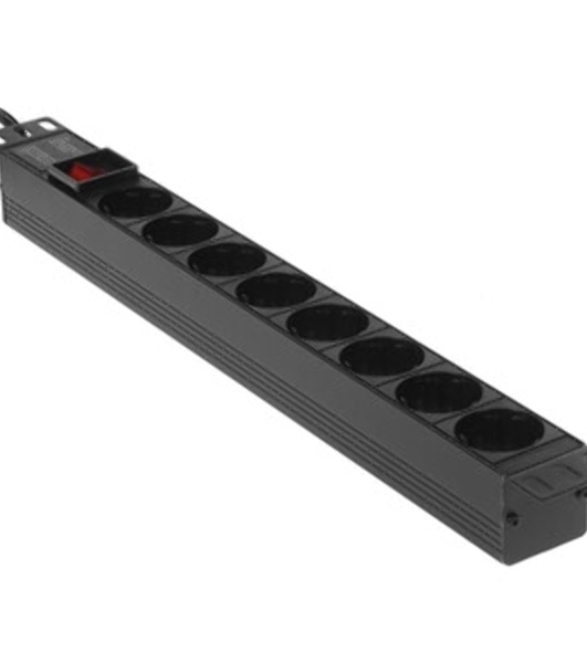 Блок розеток горизонтальный ExeGate ServerPro PDU-19H805 Al-8S-EU3-SW, 19', 1U, Алюминий, 8 Schuko, кабель с евровилкой VDE-250V-16A-3*1.5мм2, 3 метра, выкл. с подсветкой, черный