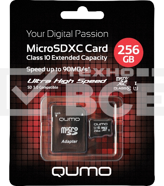 Карта памяти QUMO MicroSDXC 256 GB UHS-I, 3.0 , адаптер в комплекте SD, R/W 90/20 MB/s черно-красная картонная упаковка