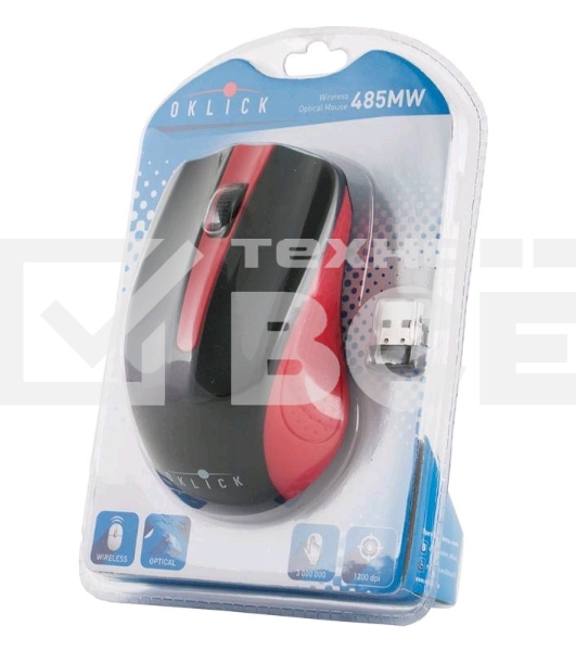 Мышь беспроводная Oklick 485MW черный/красный, 1200 dpi, радиоканал, USB, кнопки - 3