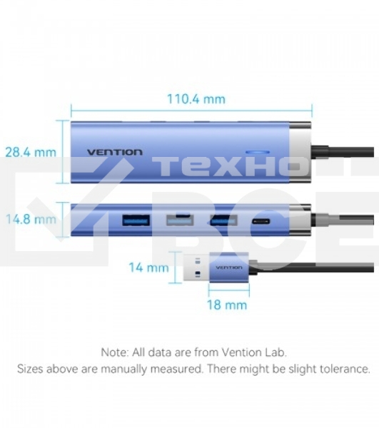 Сетевой адаптер Vention USB 3.0 M/Gigabit Ethernet RJ45+OTG хаб 3xUSB Синий - 0.15м.