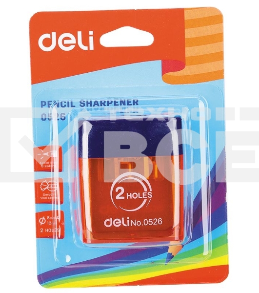 Точилка для карандашей ручная Deli E0526 2 отверстия пластик ассорти блистер