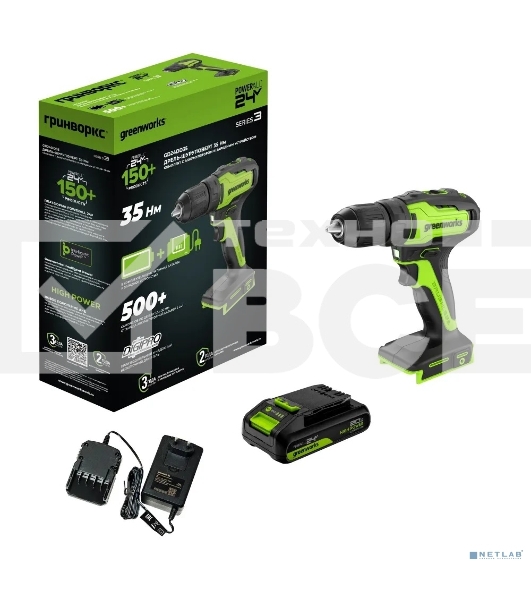 Дрель-шуруповерт Greenworks GD24DD35 аккумуляторная, 24V, б/щет, 29/35Нм,1х2Ач,ЗУ,кор [3704007CUA]