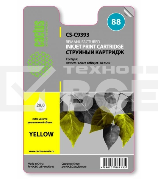 Картридж струйный Cactus CS-C9393 желтый для №88 HP Officejet Pro K550 (29ml)