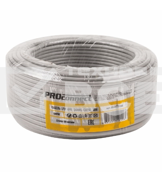 Кабель UTP PROconnect 4PR 24AWG, CU (медь), CAT5E, 100 МГц, PVC, серый, бухта 50 м