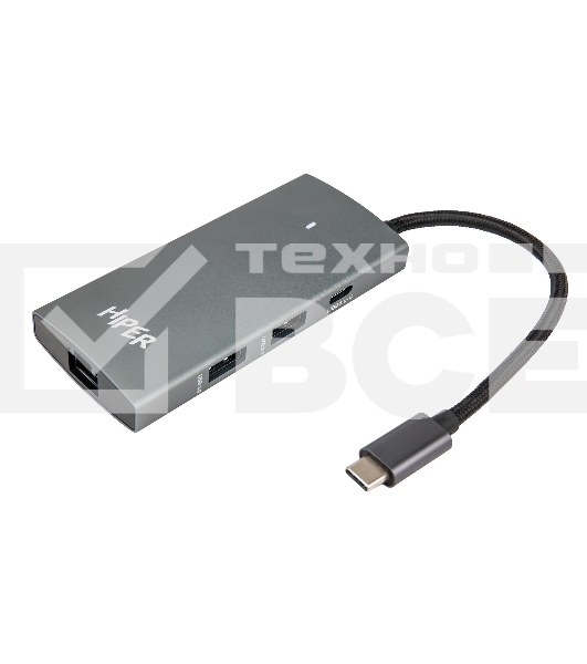 Док-станция HIPER Docking station USB-C HUB 6in1 (1*USB-C 100W PD, 1*HDMI 4K@60Hz, 2*USB-A 3.0 (5Gbps data), 1*USB-C 3.0 (5Gbps data), 1*RJ45 Gb)