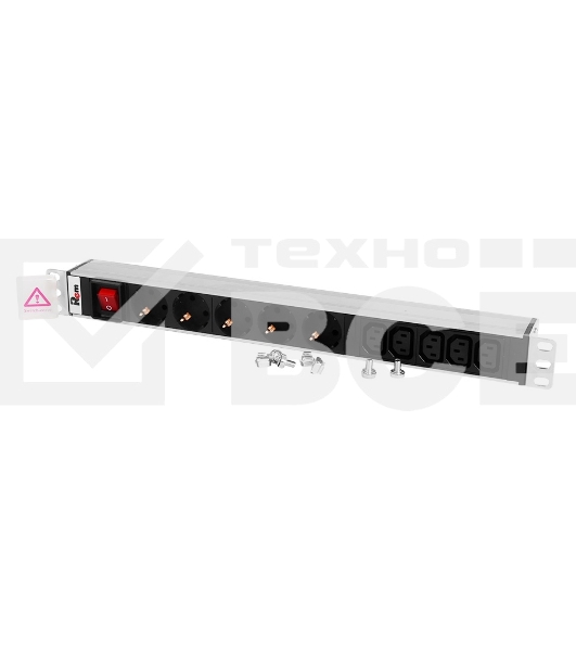 Блок розеток ЦМОRem-10 без шнура с выкл., 5 Schuko, 5 IEC 60320 C13, вход IEC 60320 C14, 10A, алюм., 19