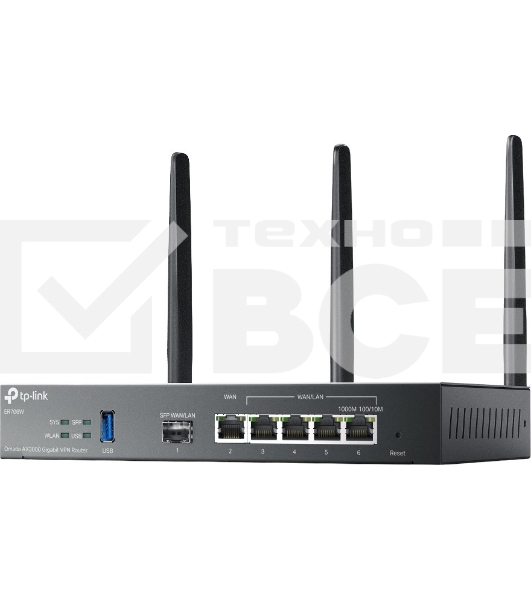 VPN-маршрутизатор TP-Link ER706W Omada с гигабитными портами и поддержкой Wi-Fi AX3000, 1 гиг. SFP WAN/LAN, 1 гиг. RJ45 WAN, 4 гиг. RJ45 WAN/LAN, USB 3.0, до 574 М/с на 2,4 ГГц + до 2402 М/с