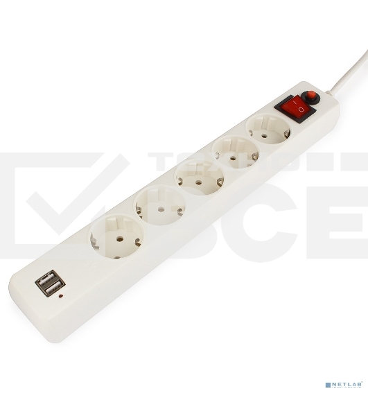 Сетевой фильтр Гарнизон 5 р, 10А, 2xUSB, 1.8 м, ур.защиты 4, белый, пакет
