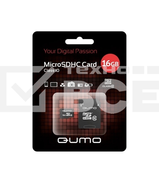 Флеш карта QUMO MicroSDHC 16GB Сlass 10 с адаптером SD, черно-красная картонная упаковка