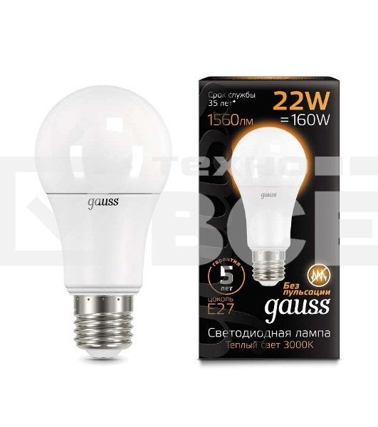Лампа светодиодная A70 22Вт 3000К E27 Gauss 102502122