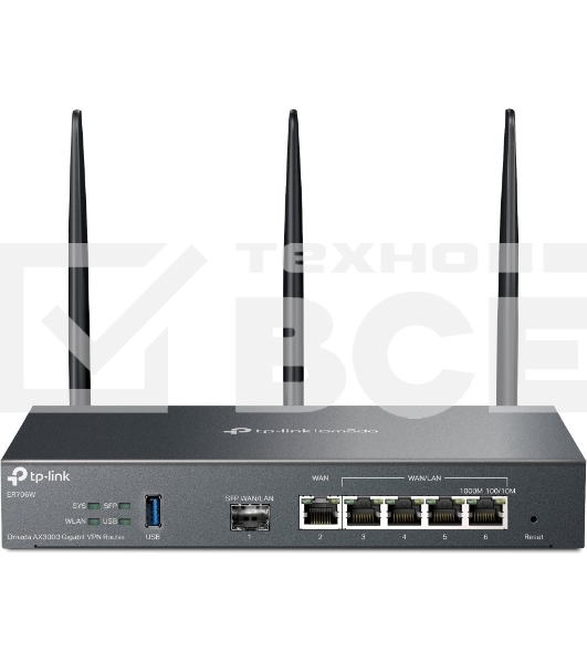 VPN-маршрутизатор TP-Link ER706W Omada с гигабитными портами и поддержкой Wi-Fi AX3000, 1 гиг. SFP WAN/LAN, 1 гиг. RJ45 WAN, 4 гиг. RJ45 WAN/LAN, USB 3.0, до 574 М/с на 2,4 ГГц + до 2402 М/с