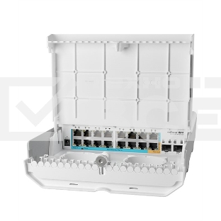 Коммутатор MikroTik netPower 15FR with 800MHz CPU, 256MB RAM, 16 x 10/100Mbps Ethernet ports (15 with Reverse POE-in, 1 with PoE-OUT), 2 x SFP, RouterOS L5 or SwitchOS (dual boot), outdoor enclosure, mounting ki