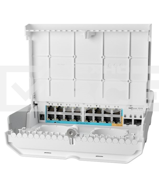 Коммутатор MikroTik netPower 15FR with 800MHz CPU, 256MB RAM, 16 x 10/100Mbps Ethernet ports (15 with Reverse POE-in, 1 with PoE-OUT), 2 x SFP, RouterOS L5 or SwitchOS (dual boot), outdoor enclosure, mounting ki