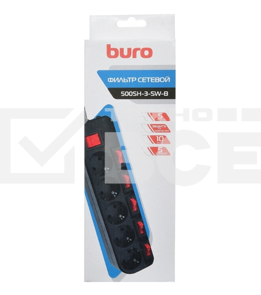 Сетевой фильтр Buro 500SH-3-SW-B 3м (5 розеток) черный (коробка)