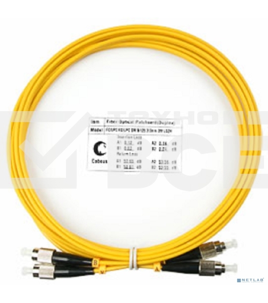 Комм. шнур оптический Cabeus Tight Buffer, Duplex FC/FC, OS2 9/125, LSZH, 3м, d= 3мм, черный хвостовик, желтый