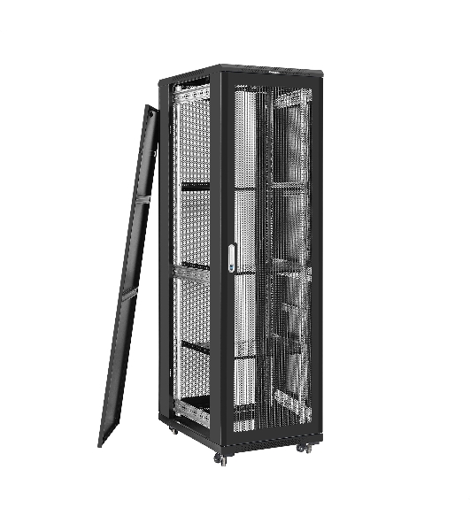 Шкаф телекоммуникационный 19' напольный 42U ExeGate EC-FS-42U.600.800.V.V.BLACK (19”, 42U, 600x800x2054mm (ШхГхВ), передняя и задняя двери перфорированные, съемные боковые панели, пыле- и влагозащита IP20, встроенный вентиляционный модуль, 1 полка в комплекте, черный RAL 9004, 3 коробки)