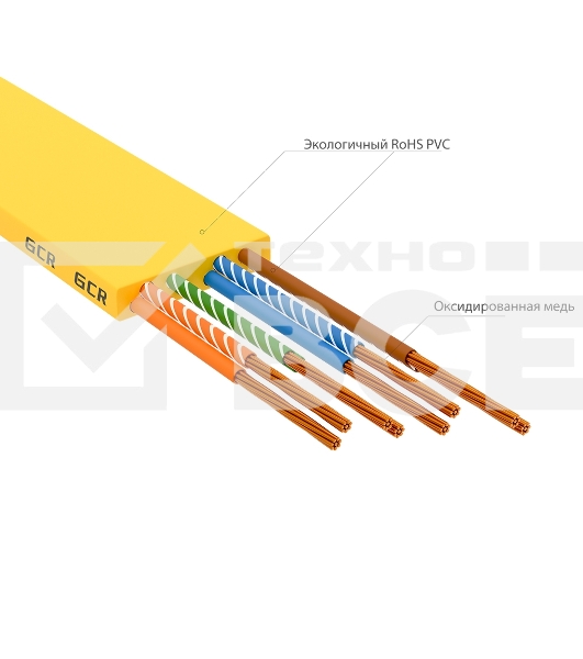 Патч-корд GCR PROF плоский прямой 2.0m, UTP медь кат.6, желтый, 30 AWG, ethernet high speed 10 Гбит/с, RJ45, T568B, GCR-52827