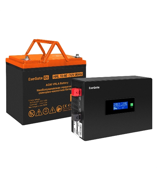 Комплект источника бесперебойного питания Exegate EX295993RUS + батарея 80Aч EX285654RUS 1шт (инвертор, синус, для котла, PF=1, настенный) ExeGate IdealSine SR-1000.LCD.2SH  <1000VA/1000W, чистая синусоида, цветной LCD-дисплей, 2*Schuko, крепление настенное, Black> + батарея ExeGate HRL 12-80 (12В, 80Ач) 1шт