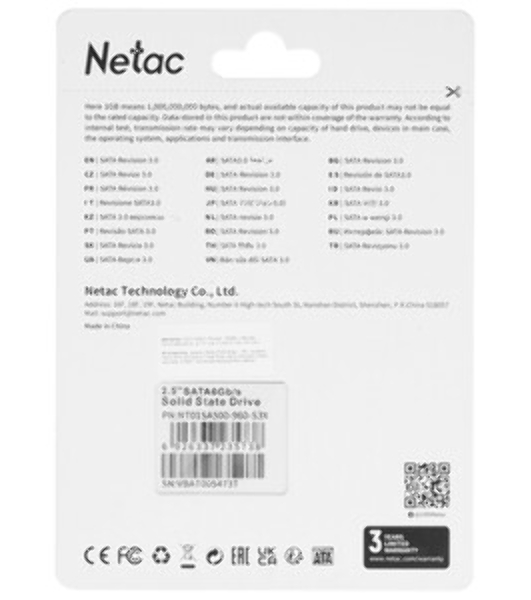 Накопитель SSD Netac SA500, 960Gb, SATA III, 2.5', R/W 530/475