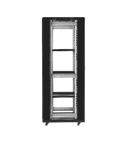 Шкаф телекоммуникационный 19' напольный 42U ExeGate EC-FS-42U.600.800.V.V.BLACK (19”, 42U, 600x800x2054mm (ШхГхВ), передняя и задняя двери перфорированные, съемные боковые панели, пыле- и влагозащита IP20, встроенный вентиляционный модуль, 1 полка в комплекте, черный RAL 9004, 3 коробки)