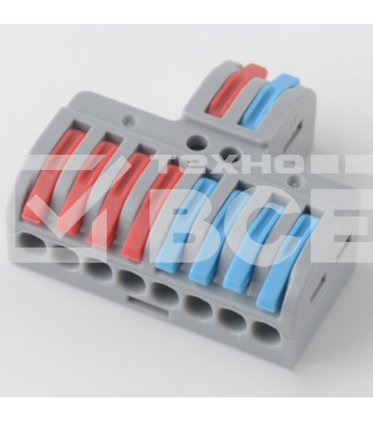 Клемма Rexant СМК 2х4 проходная разветвительная 2 полюса, с монтажной площадкой (1 ввод, 4 вывода на полюс) (блистер 5 шт/уп)