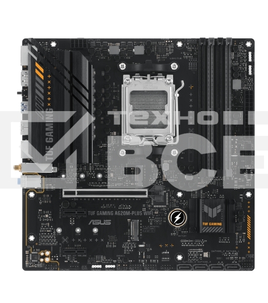 Материнская плата ASUS TUF GAMING A620M-PLUS WIFI, AM5, AMD A620, 4xDDR5, 4xSATA, 2xM.2, 1xPCIe 4.0 x16, 2xPCIe x1, 2xDP, 1xHDMI, 1x 2.5Gb LAN, 4xUSB-A 2.0, 2xUSB-A 3.2 Gen 1, 3x3.5 мм, 7.1, mATX