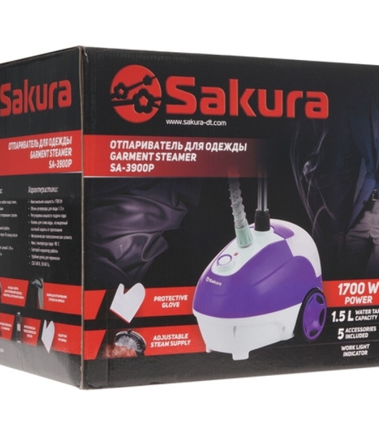 Отпариватель Sakura SA-3900P белый/фиолетовый, 1700 Вт, 30 г/мин, 1500 мл