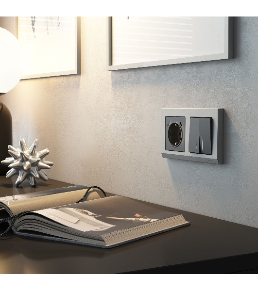 Розетка с заземлением, шторками и USB тип A+C  (графит матовый)