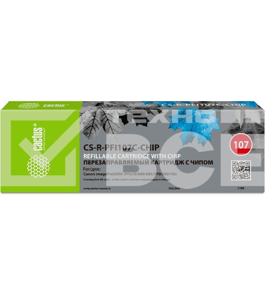 Картридж перезаправляемый струйный Cactus CS-R-PFI107C-CHIP голубой для Canon imageProGRAF iPF670/680/685/770/780/785