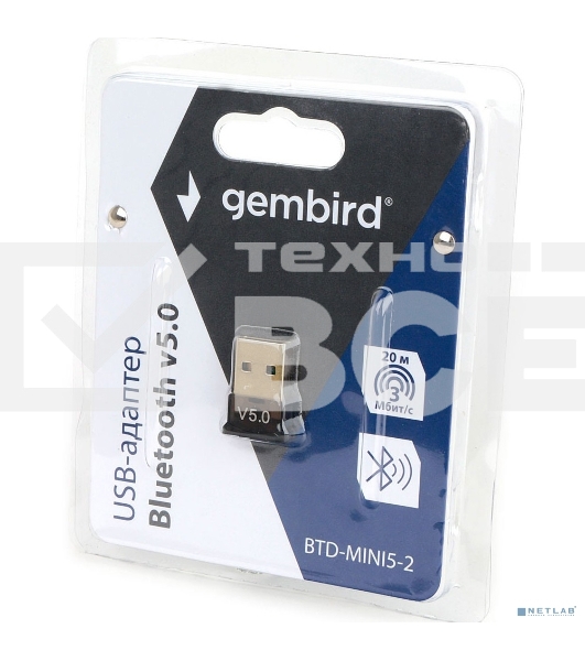 Адаптер Bluetooth Gembird, BTD-MINI5-2, ультратонкий корпус, v.5.0, 10 метров, USB
